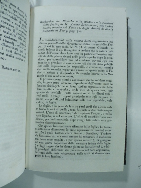 Ricerche sulla struttura e le funzioni delle foglie di M. Adolfo Brongniart...inserite negli Annali di Storia naturale di Parigi. (Stralcio da: Nuovo giornale de' letterati. N. 56. 1831)